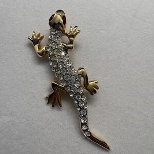 Vintage Gold Tone & Rhinestones Lizard Brooch Pin